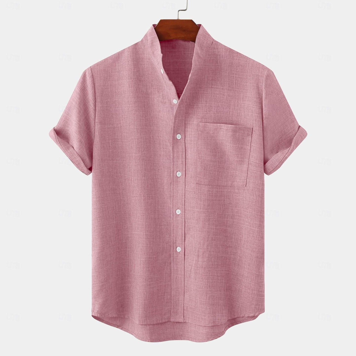 A linen shirt with a band collar, casual plain Hawaiian style, short sleeves, and a front pocket.