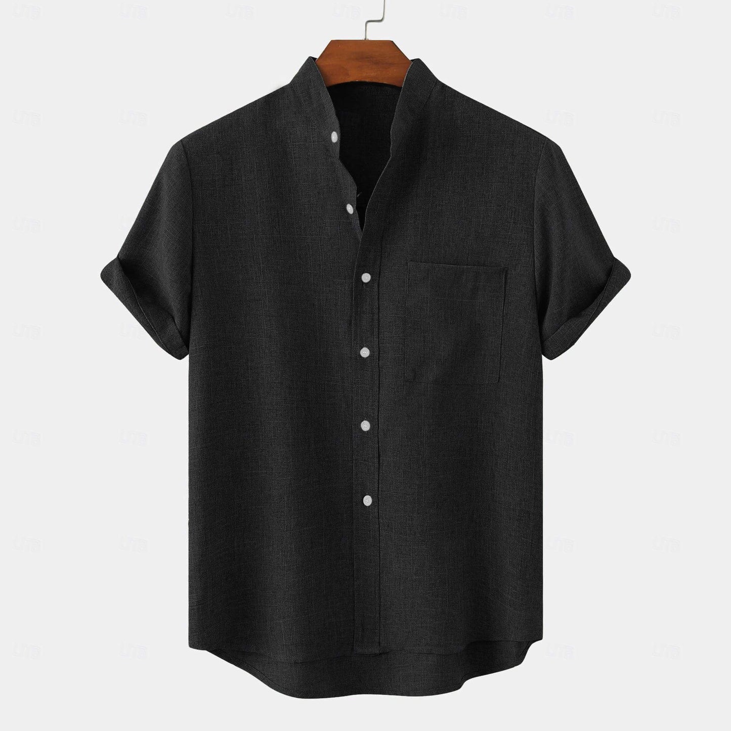 A linen shirt with a band collar, casual plain Hawaiian style, short sleeves, and a front pocket.