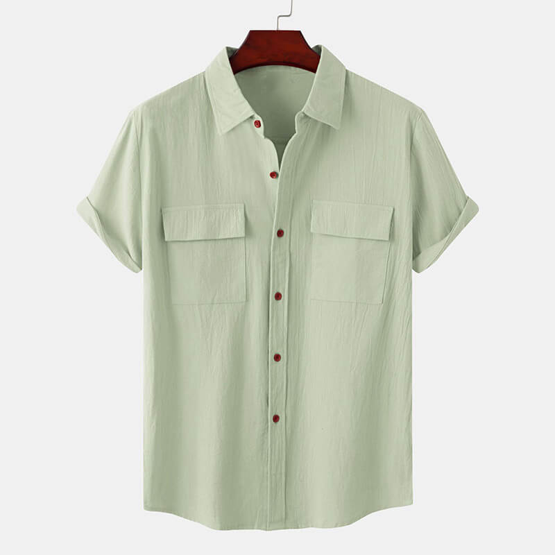 A linen button-up shirt in a casual Hawaiian style with short sleeves and a turndown collar.