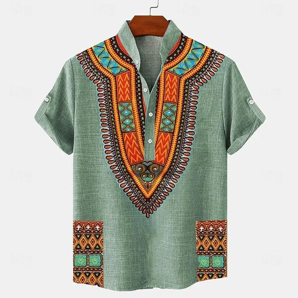 A linen henley shirt featuring an ethnic print, short sleeves, and a buttoned mandarin collar.