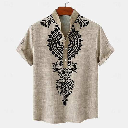 A linen henley shirt with ethnic print, short sleeves, and a mandarin collar.