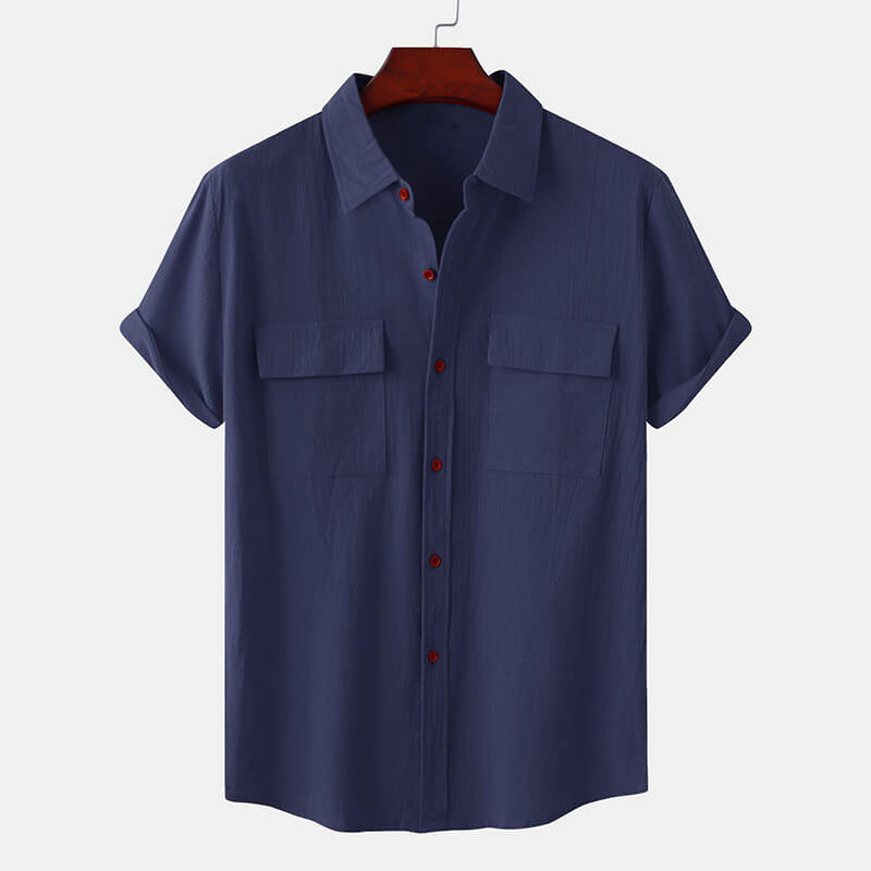 A linen button-up shirt in a casual Hawaiian style with short sleeves and a turndown collar.