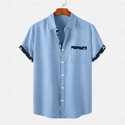 A linen button-up shirt in a casual style with short sleeves and a collar.