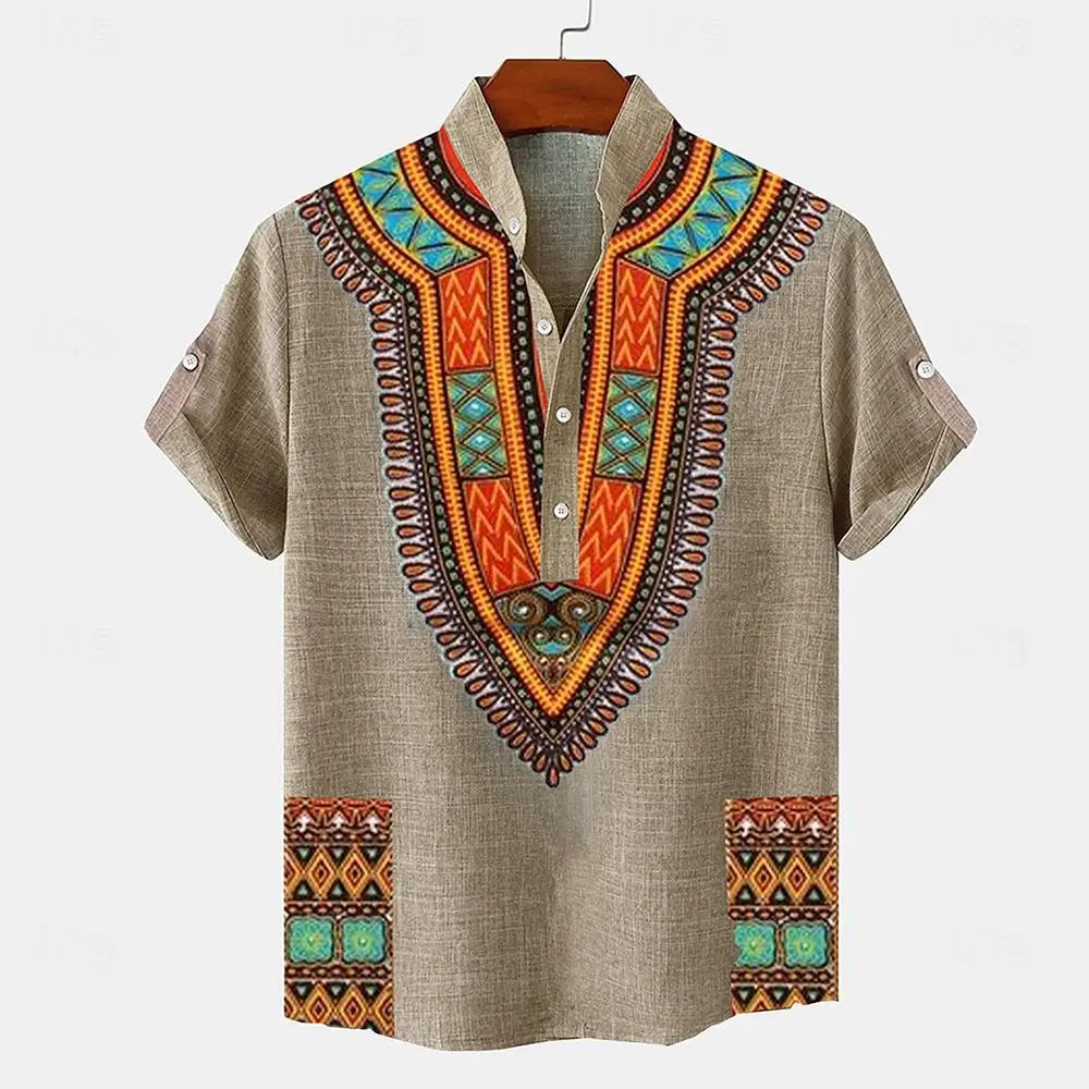 A linen henley shirt featuring an ethnic print, short sleeves, and a buttoned mandarin collar.