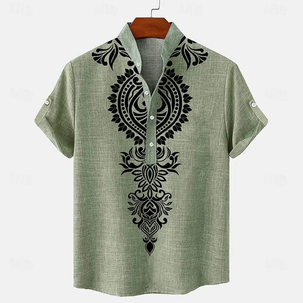 A linen henley shirt with ethnic print, short sleeves, and a mandarin collar.