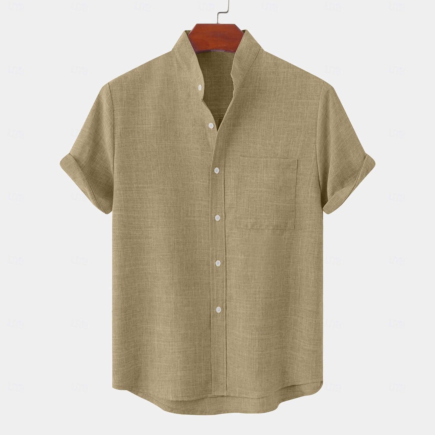 A linen shirt with a band collar, casual plain Hawaiian style, short sleeves, and a front pocket.