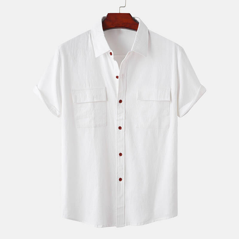 A linen button-up shirt in a casual Hawaiian style with short sleeves and a turndown collar.