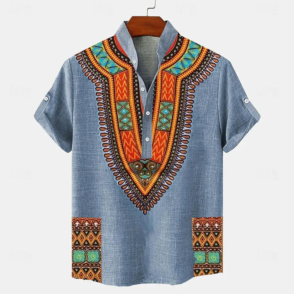 A linen henley shirt featuring an ethnic print, short sleeves, and a buttoned mandarin collar.