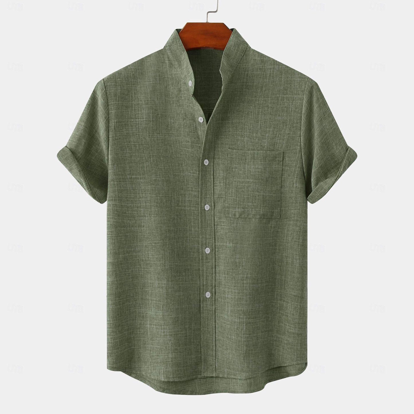 A linen shirt with a band collar, casual plain Hawaiian style, short sleeves, and a front pocket.