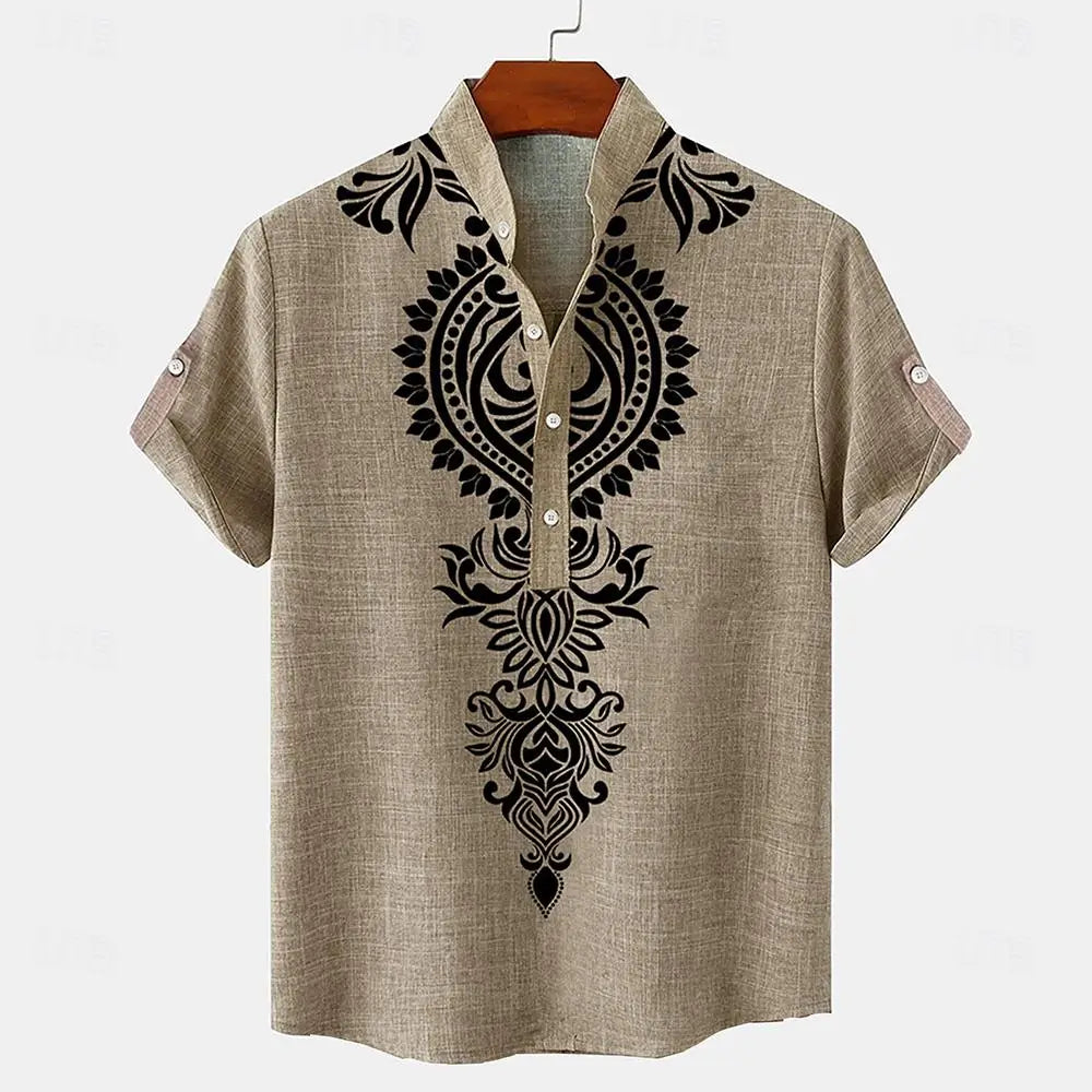 A linen henley shirt with ethnic print, short sleeves, and a mandarin collar.