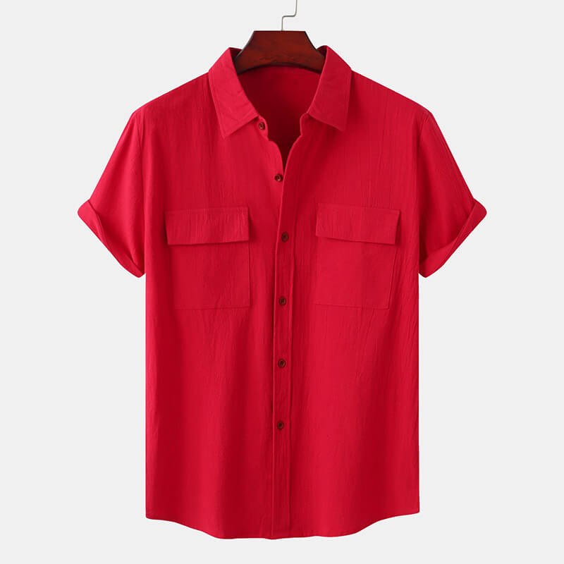 A linen button-up shirt in a casual Hawaiian style with short sleeves and a turndown collar.