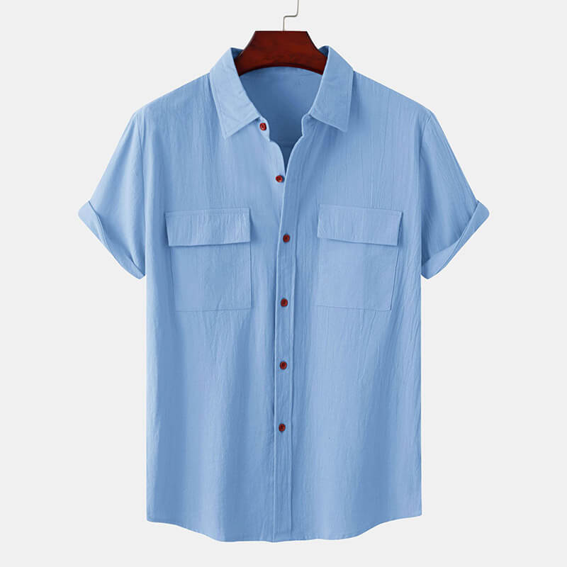 A linen button-up shirt in a casual Hawaiian style with short sleeves and a turndown collar.