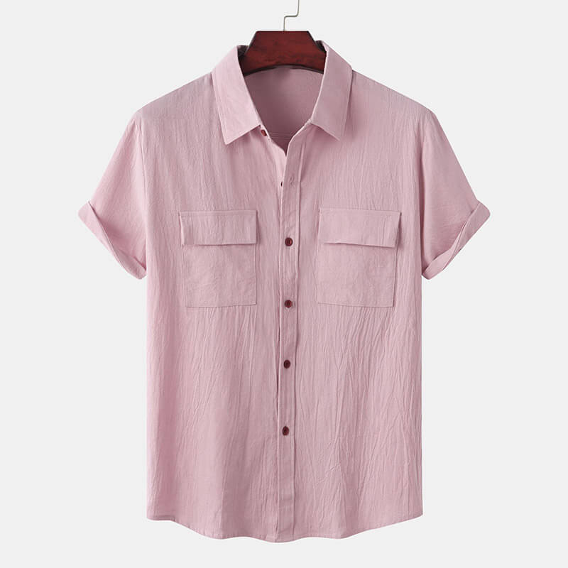 A linen button-up shirt in a casual Hawaiian style with short sleeves and a turndown collar.