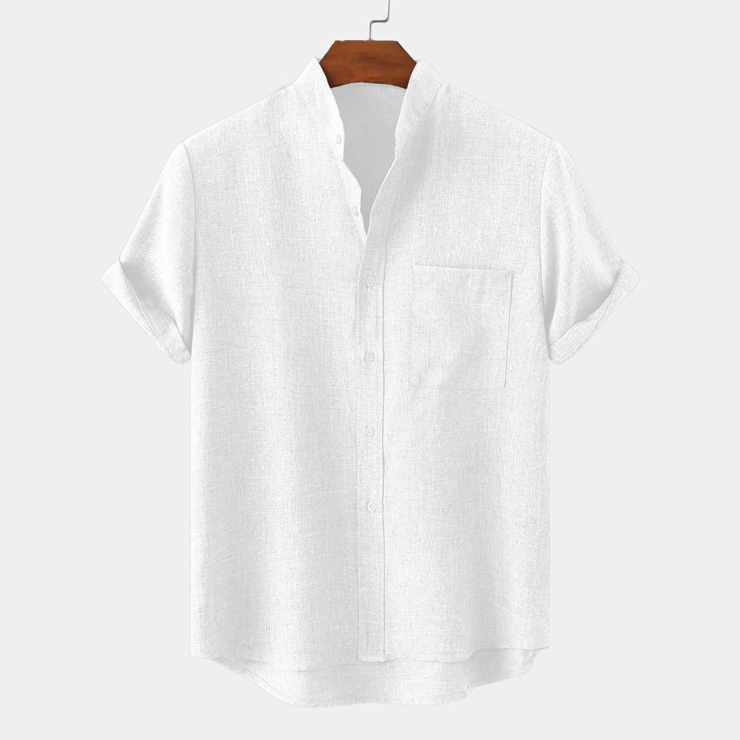 A linen shirt with a band collar, casual plain Hawaiian style, short sleeves, and a front pocket.