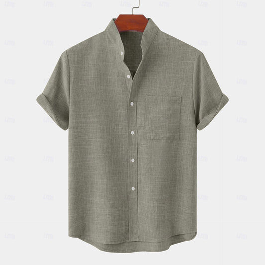 A linen shirt with a band collar, casual plain Hawaiian style, short sleeves, and a front pocket.