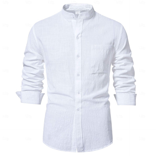 A linen band collar shirt in a beach style with long sleeves.